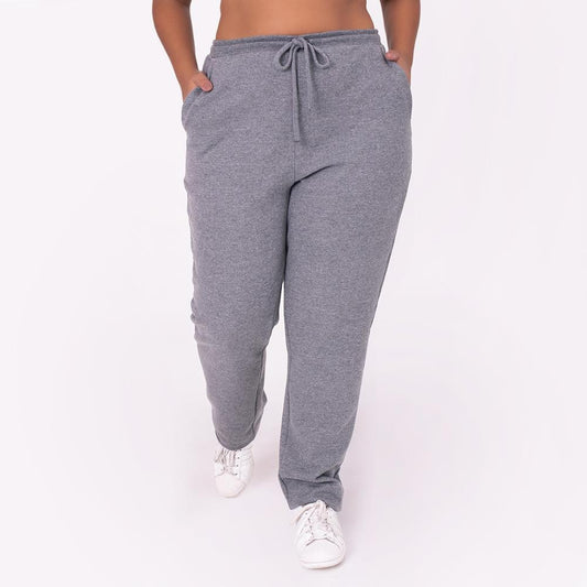 Calça Reta Moletom Flanelado Plus Feminina - Mescla Escuro