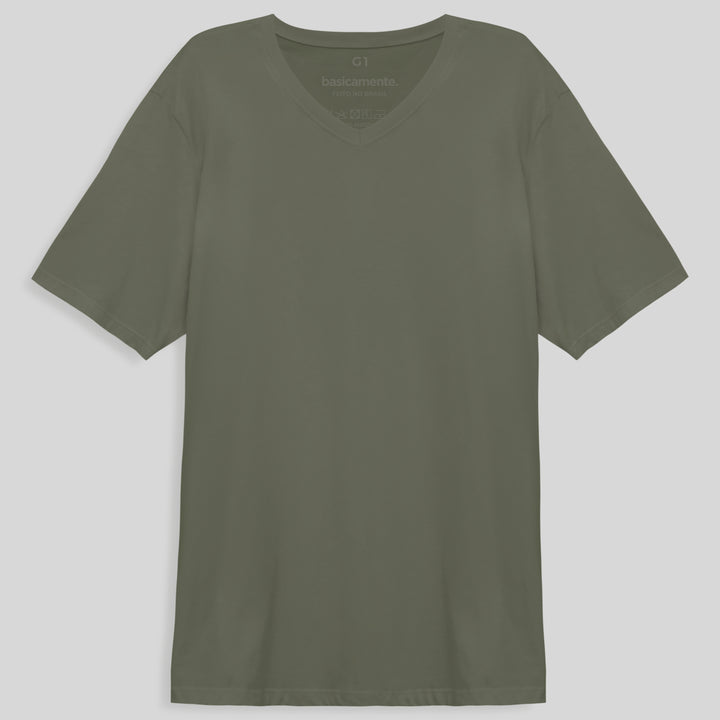 Camiseta Básica Gola V Plus Size Masculina - Verde Militar