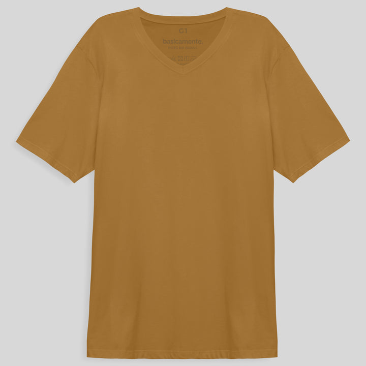 Camiseta Algodão Premium Gola V Plus Size Masculina - Marrom Khaki