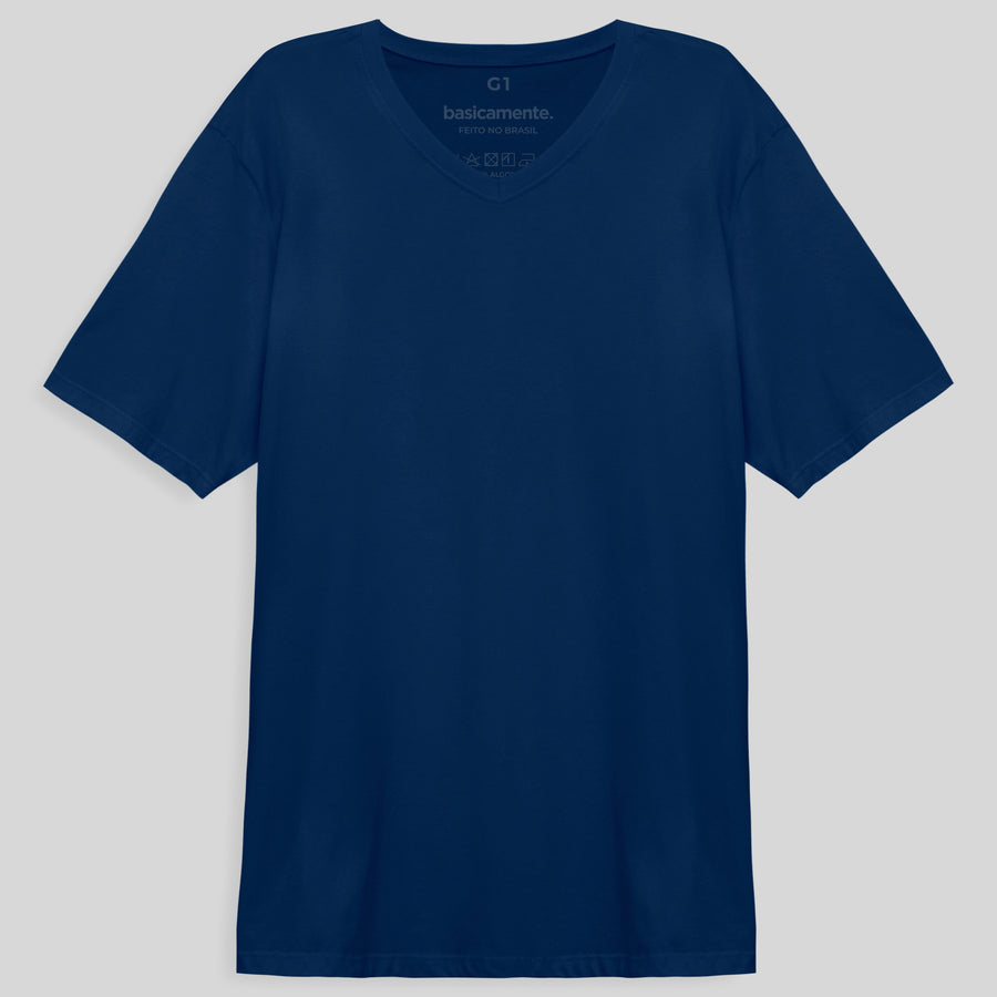 Camiseta Algodão Premium Gola V Plus Size Masculina - Azul Bic