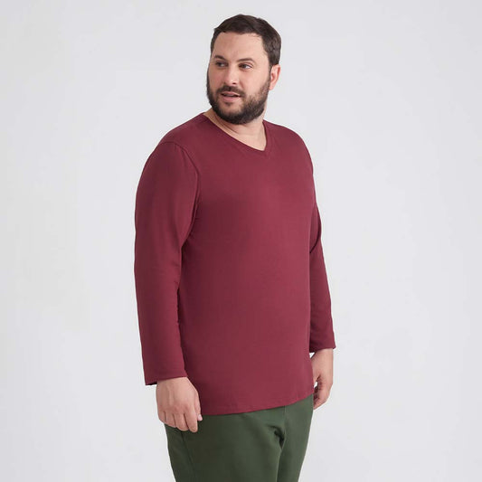 Camiseta Básica Gola V Manga Longa Plus Masculina - Vermelho Vinho