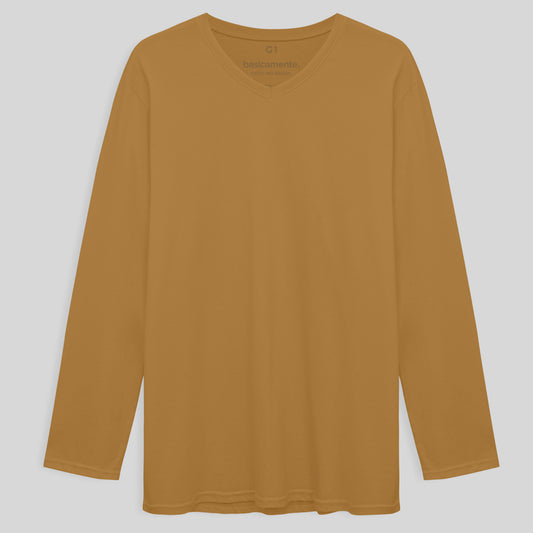Camiseta Básica Gola V Manga Longa Plus Masculina - Ocre