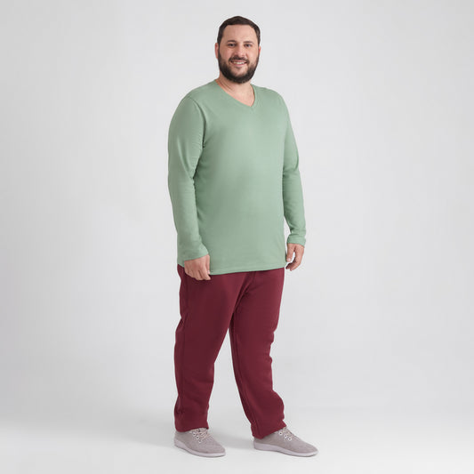 Camiseta Básica Gola V Manga Longa Plus Masculina - Verde Jade