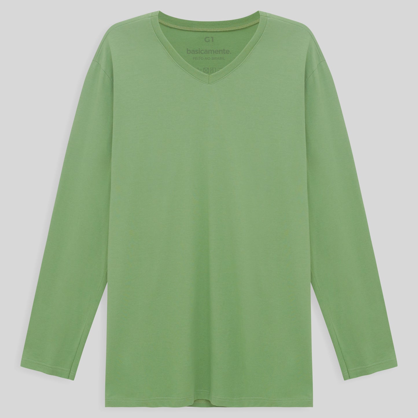 Camiseta Básica Gola V Manga Longa Plus Masculina - Verde Jade