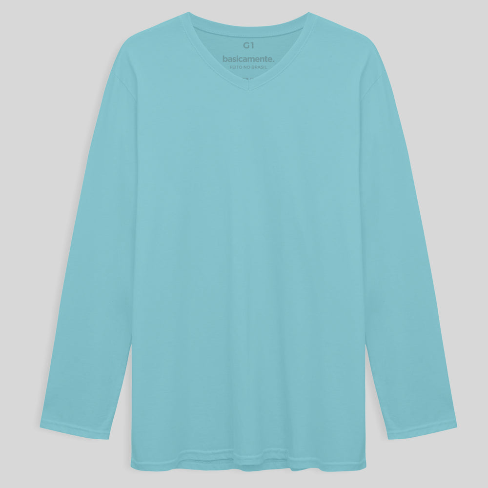 Camiseta Básica Gola V Manga Longa Plus Masculina - Azul Claro
