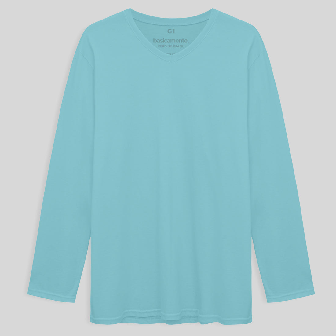 Camiseta Básica Gola V Manga Longa Plus Size Masculina - Azul Claro