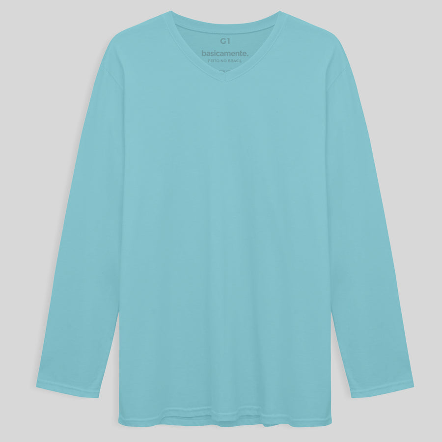 Camiseta Básica Gola V Manga Longa Plus Size Masculina - Azul Claro