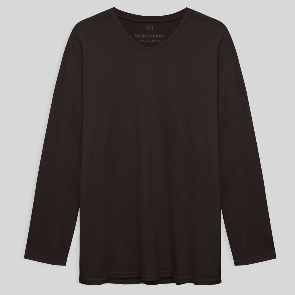 Camiseta Básica Gola V Manga Longa Plus Masculina - Marrom