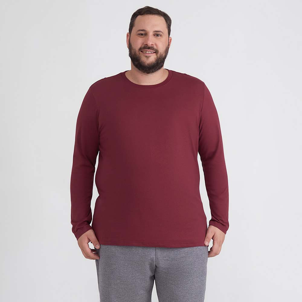 Camiseta Básica Manga Longa Plus Masculina - Vermelho Vinho