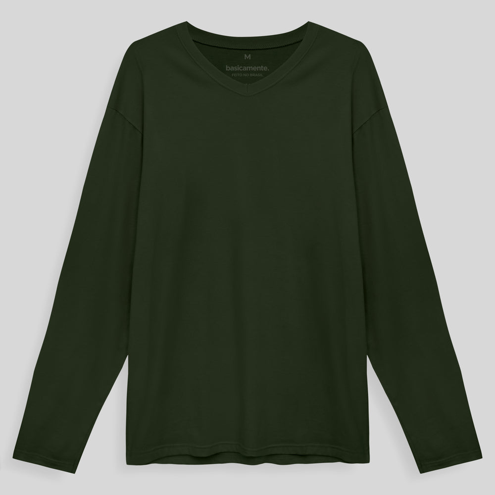 Camiseta Básica Gola V Manga Longa Masculina - Verde Selva