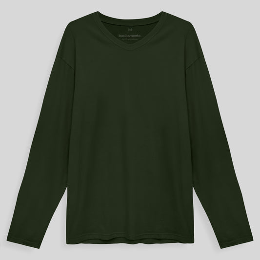 Camiseta Básica Gola V Manga Longa Masculina - Verde Selva