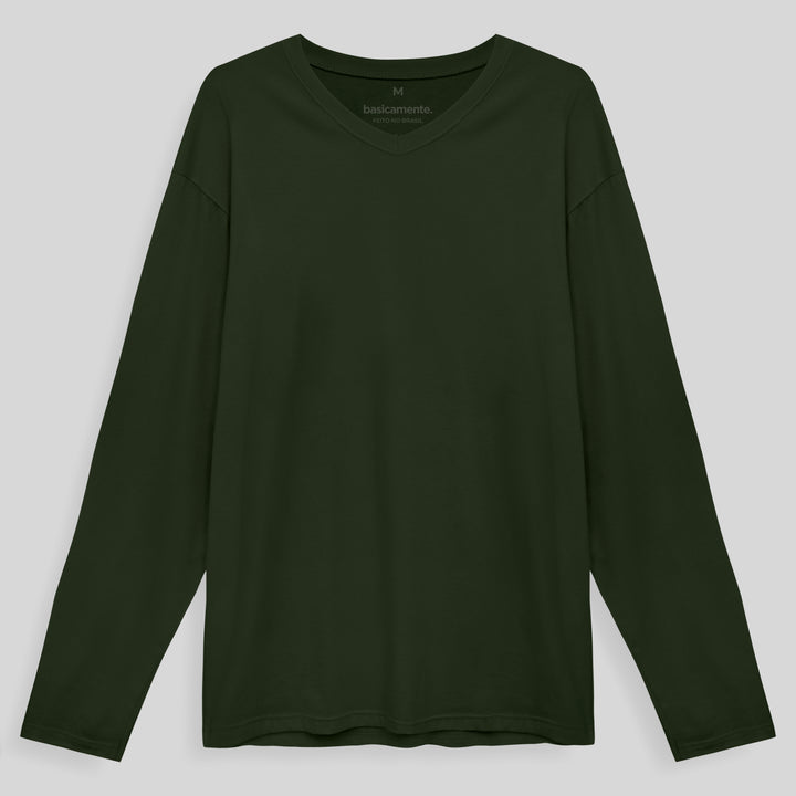 Camiseta Básica Manga Longa Gola V Masculina - Verde Selva