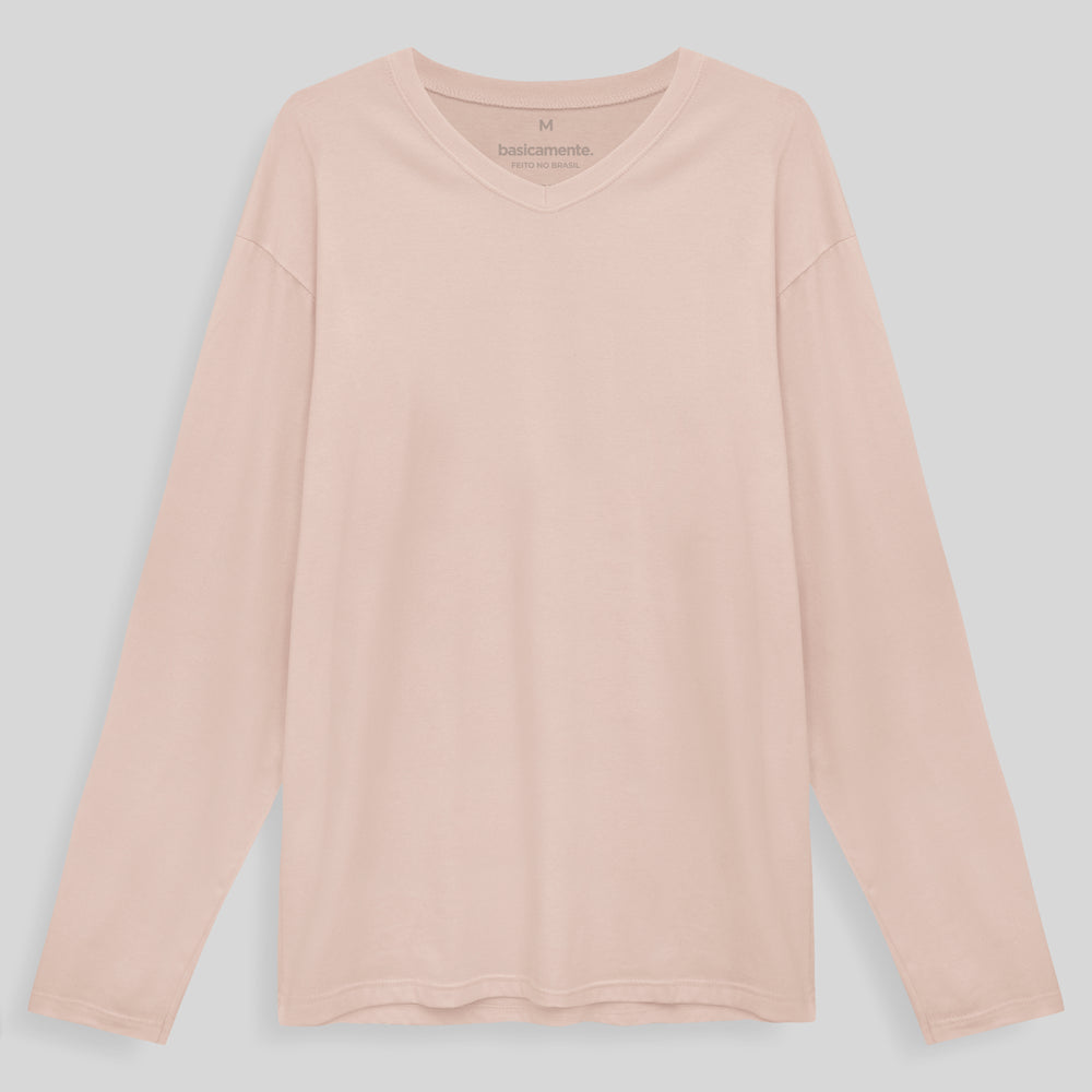 Camiseta Básica Gola V Manga Longa Masculina - Rosa Pastel