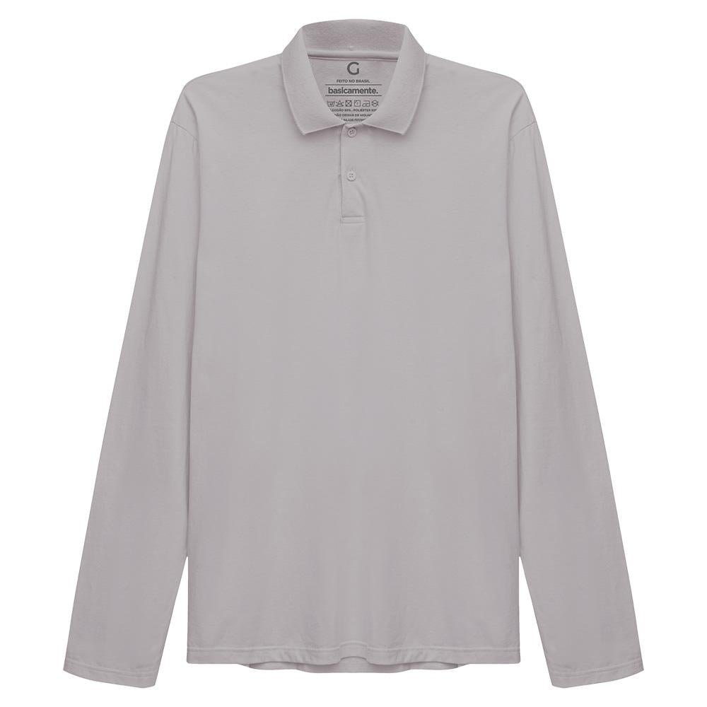 Camisa Polo Manga Longa Masculina - Cinza Areia