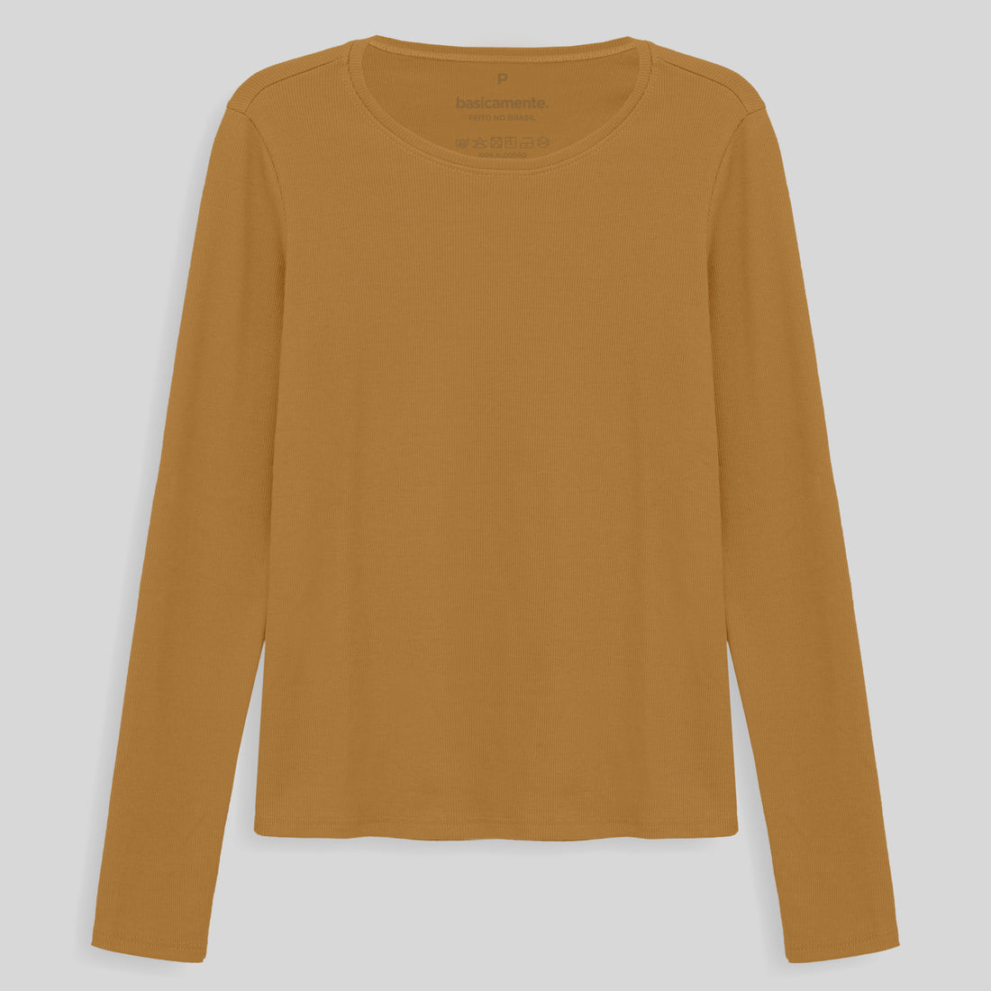 Camiseta Ribana Gola C Ml Feminina - Marrom Khaki