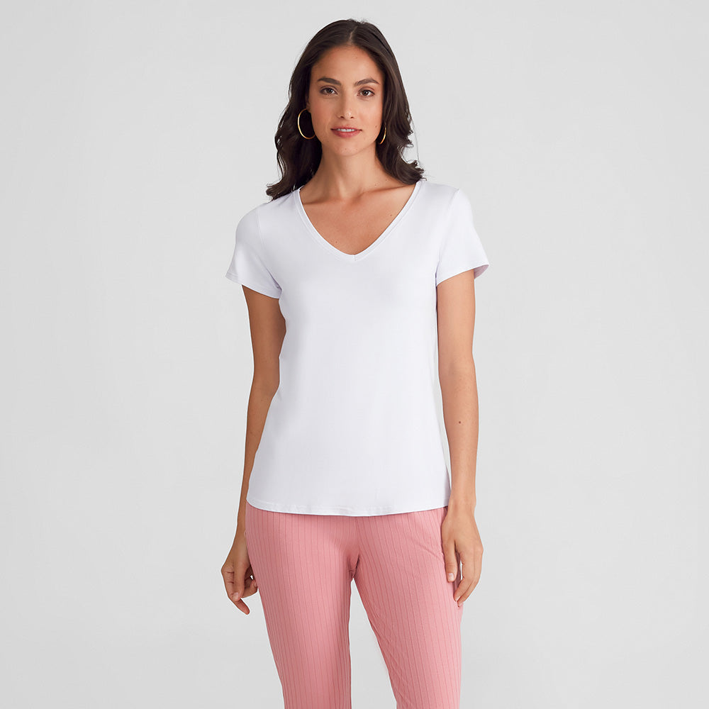 Camiseta Viscose Stretch Feminina Gola V Feminina - Branco