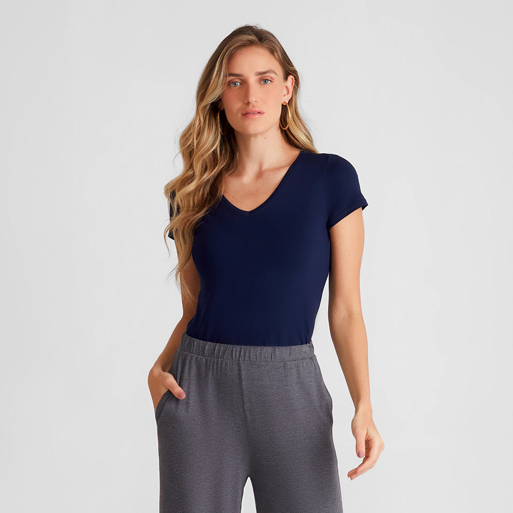 Camiseta Viscose Stretch Feminina Gola V Feminina - Azul Marinho