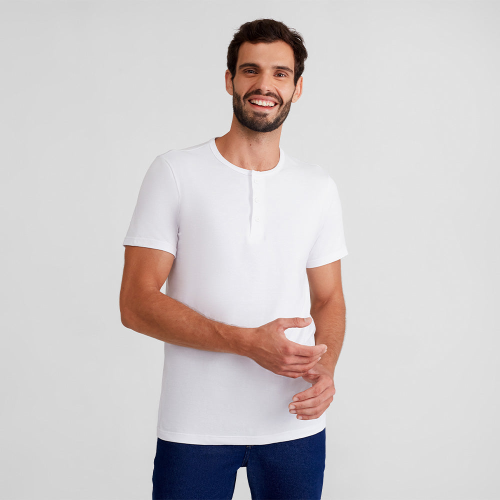Camiseta Henley Algodão Premium Masculina - Branco