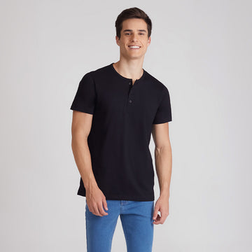 Camiseta Henley Algodão Premium Masculina - Preto