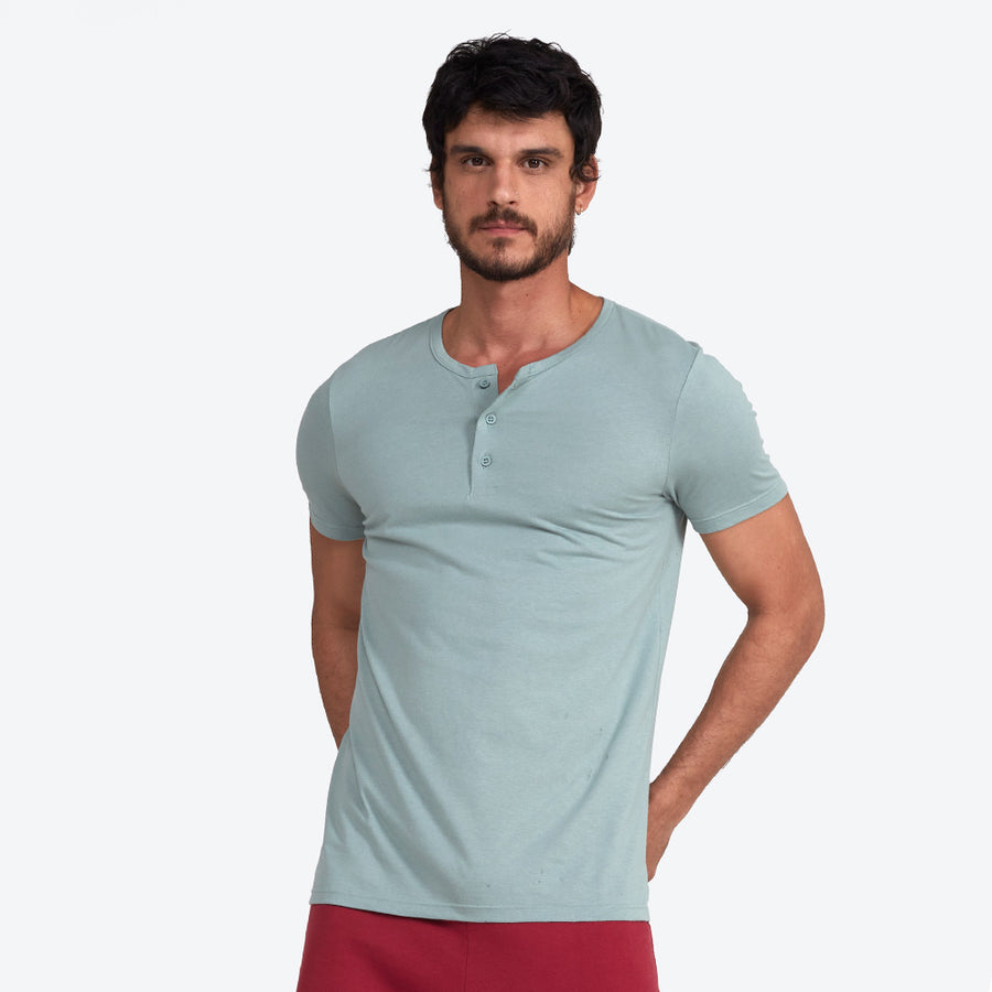 Camiseta Henley Algodão Premium Masculina - Verde Chá