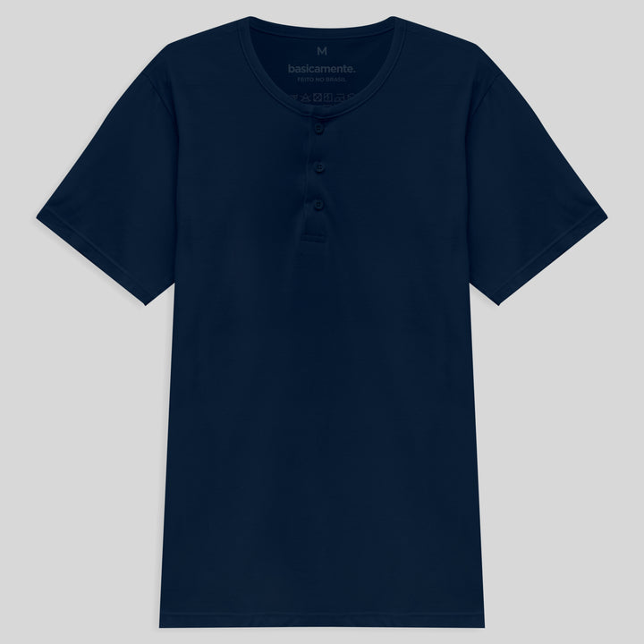 Camiseta Henley Algodão Premium Masculina - Azul Marinho
