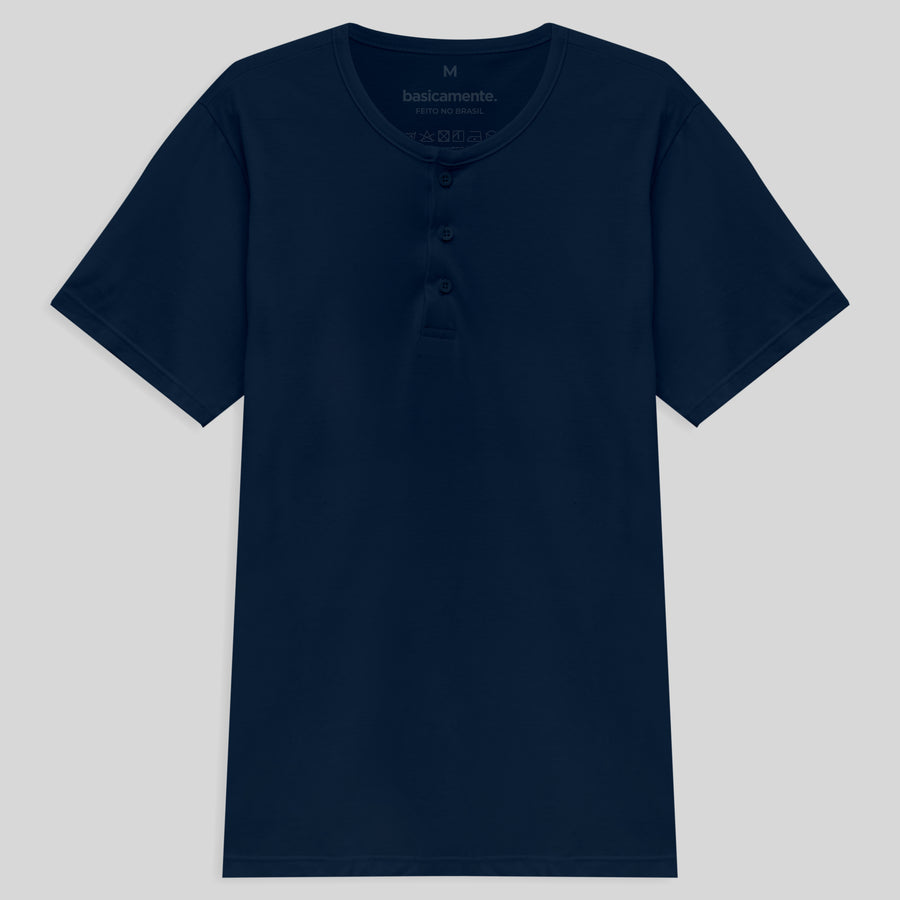 Camiseta Henley Algodão Premium Masculina - Azul Marinho