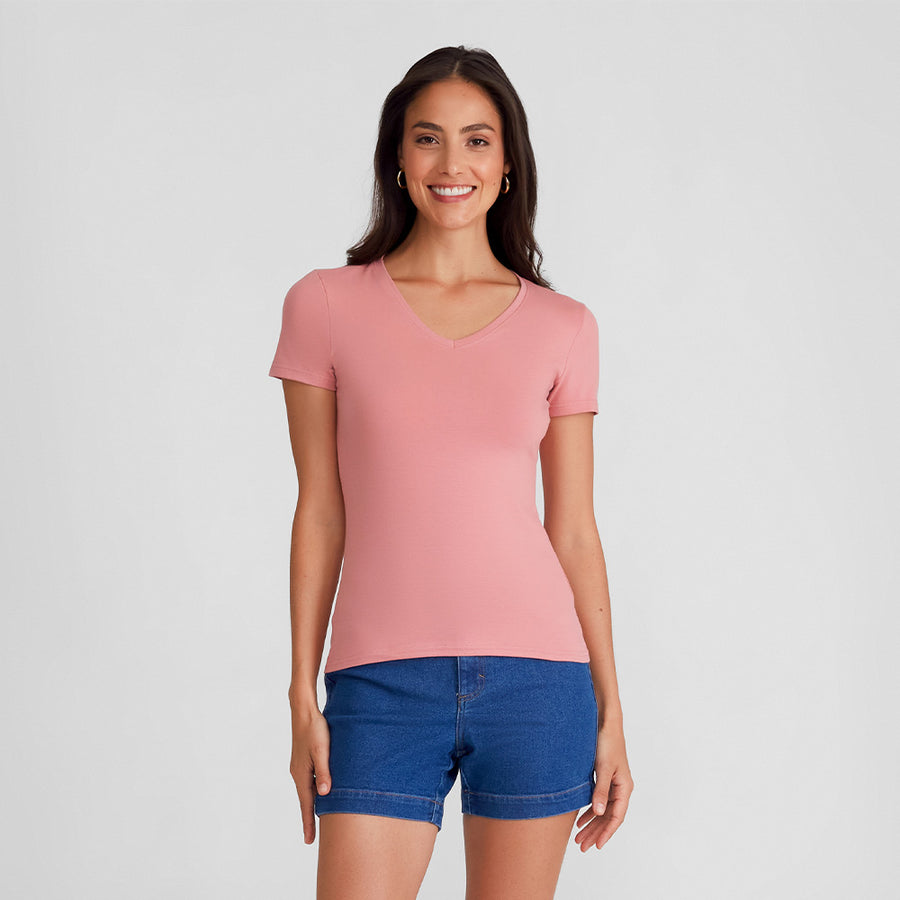 Camiseta Slim Cotton Gola V Feminina - Rose