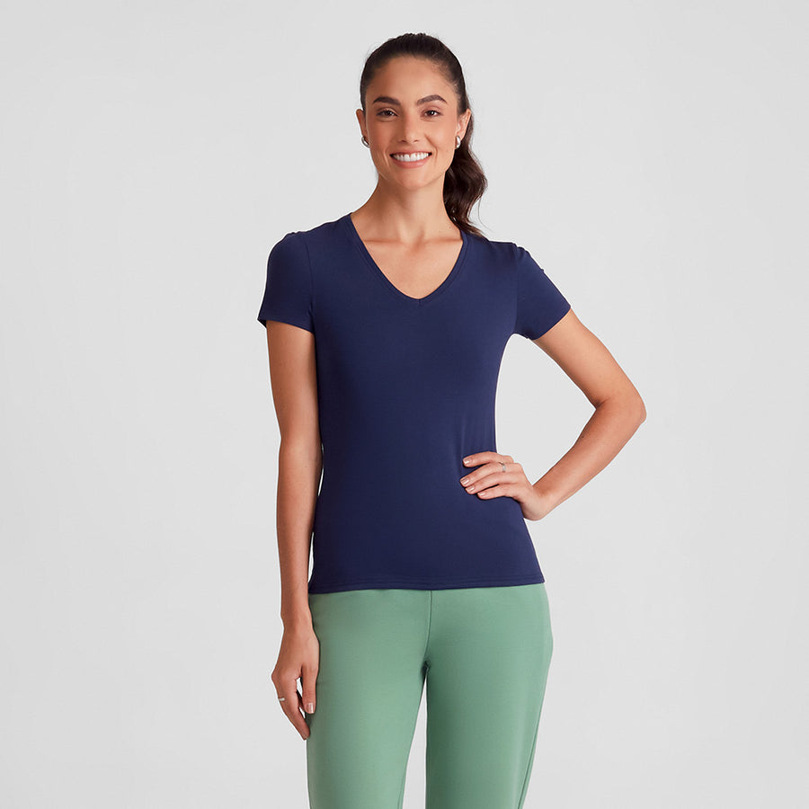 Camiseta Slim Cotton Gola V Feminina - Azul Marinho