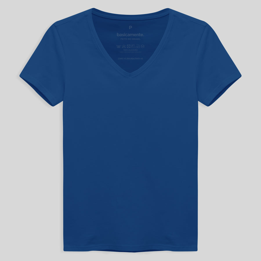 Camiseta Slim Cotton Gola V Feminina - Azul