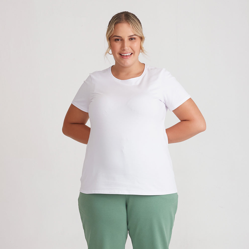 Camiseta Cotton Slim Gola C Plus Size Feminino - Branco