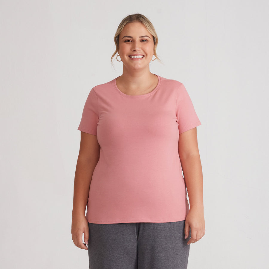 Camiseta Cotton Slim Gola C Plus Size Feminino - Rose