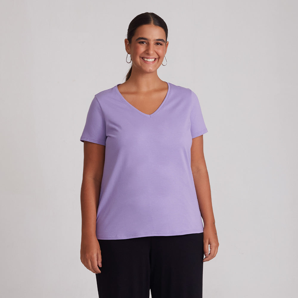 Camiseta Slim Gola V Cotton Plus Feminina - Lilás