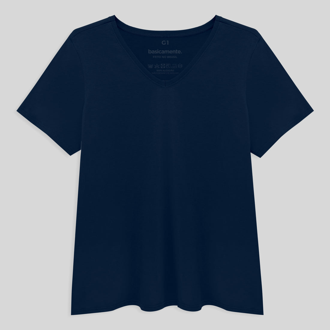 Camiseta Slim Gola V Cotton Plus Size Feminina - Azul Marinho