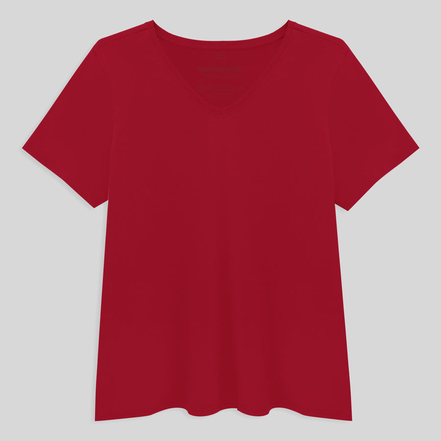 Camiseta Slim Gola V Cotton Plus Size Feminina - Vermelho Tomate