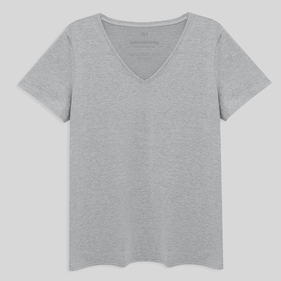 Camiseta Slim Gola V Cotton Plus Size Feminina - Mescla Claro