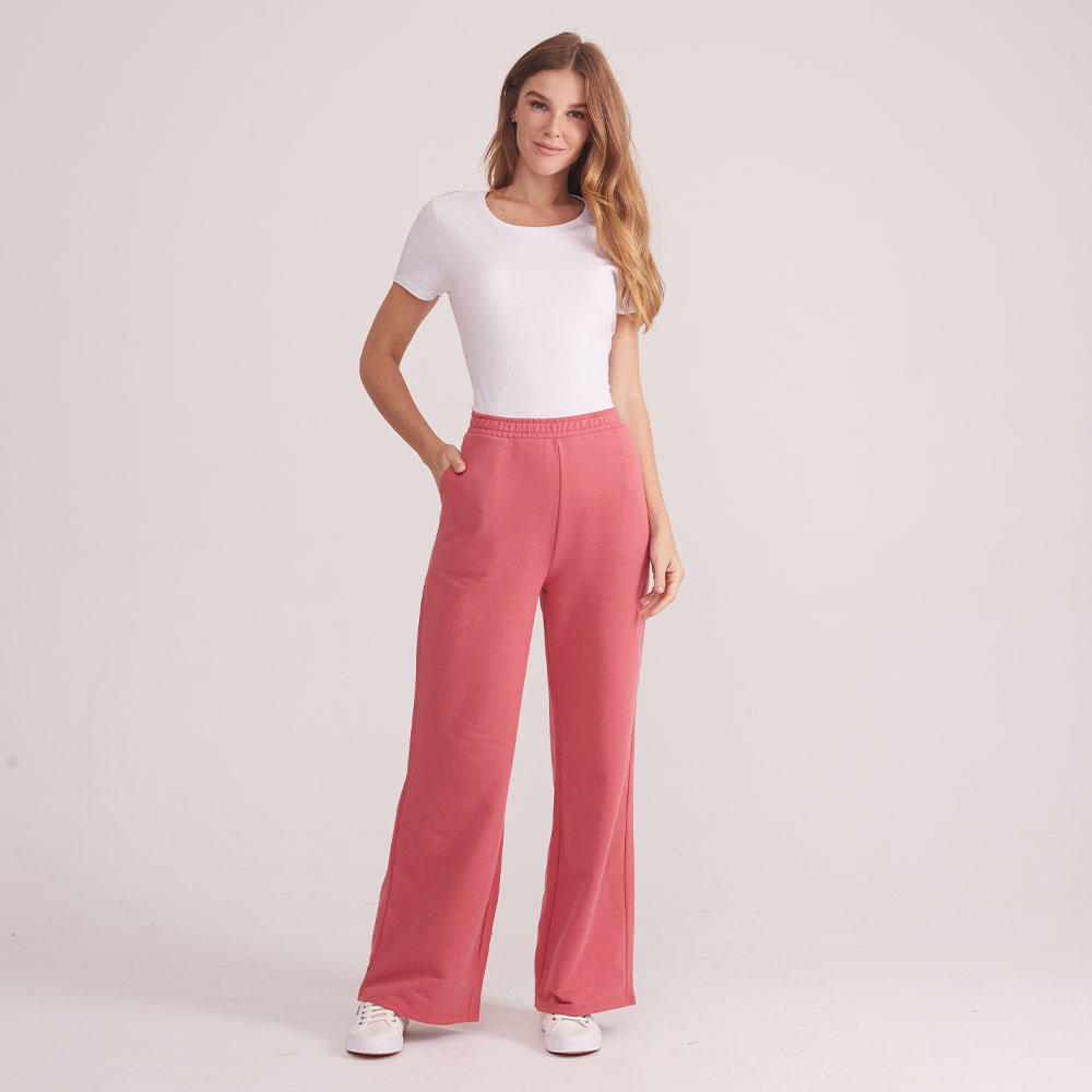 Calça Wide Leg Moletom Felpa Feminina - Rosa Blush