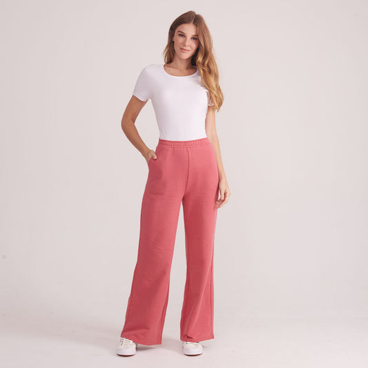 Calça Wide Leg Moletom Felpa Feminina - Rosa Blush