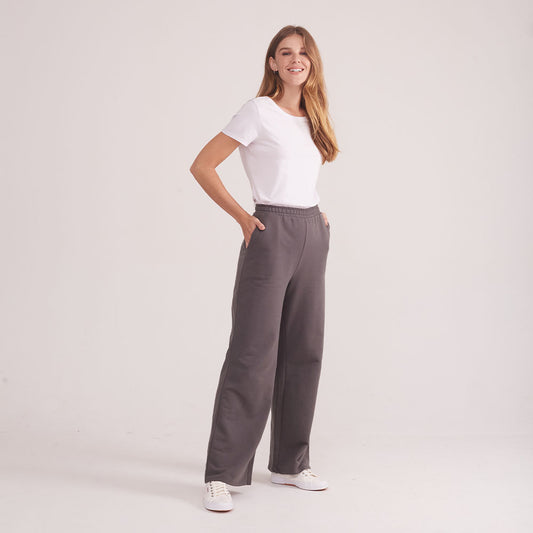 Calça Wide Leg Moletom Felpa Feminina - Cinza Ardósia