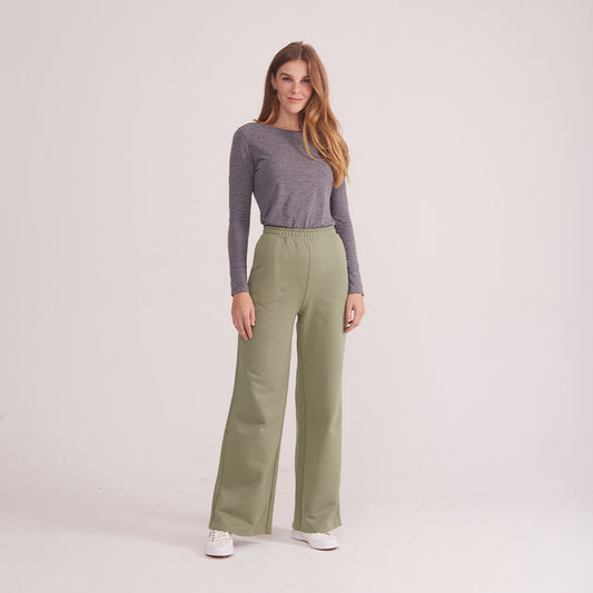 Calça Wide Leg Moletom Felpa Feminina - Verde Oliva