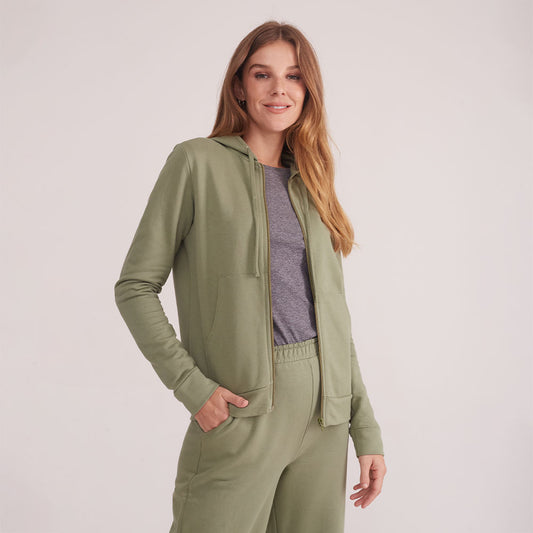Jaqueta de Moletom com Zíper e Capuz Feminina - Verde Oliva