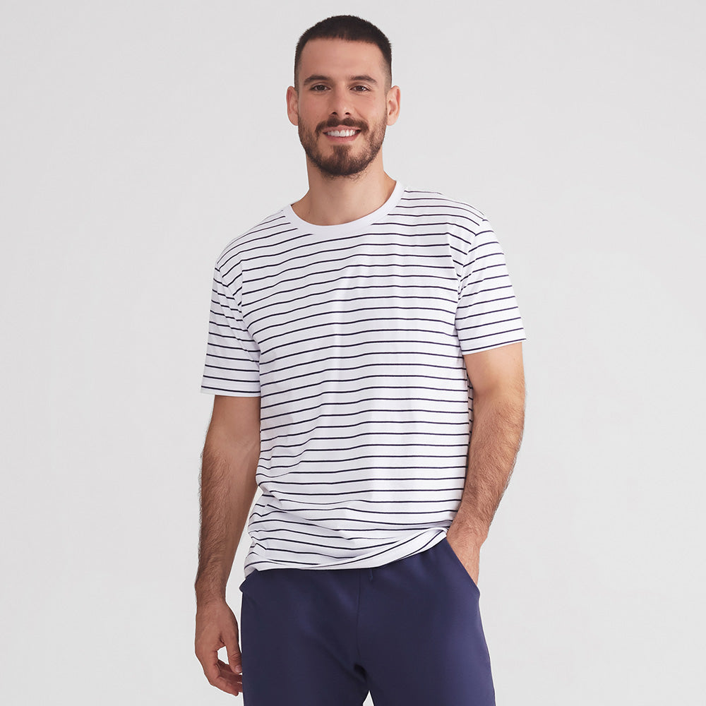 Camiseta Listrada Masculina - Branco Listra Azul Marinho