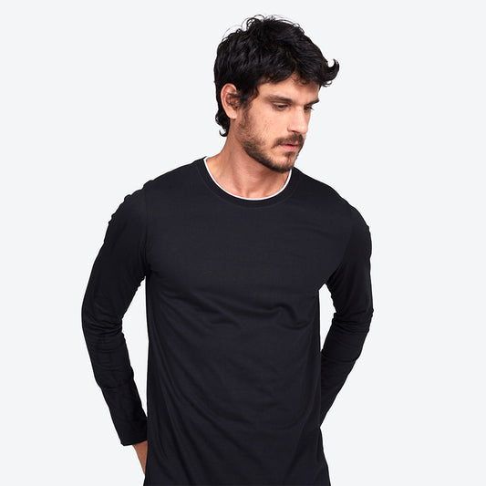 Camiseta Manga Longa Gola Dupla Masculina - Preto