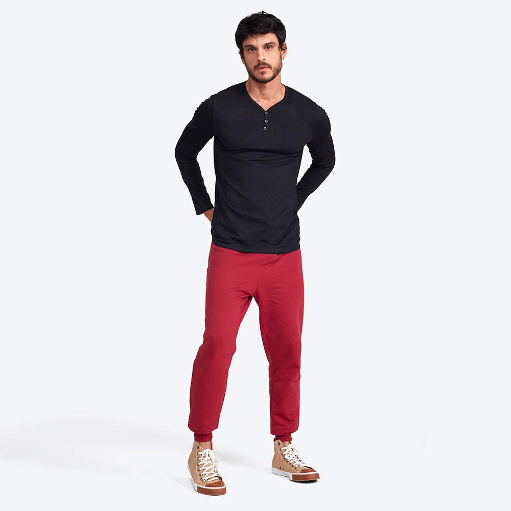 Camiseta Henley Manga Longa Masculina - Preto