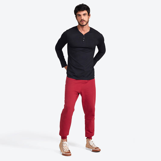Camiseta Henley Manga Longa Masculina - Preto
