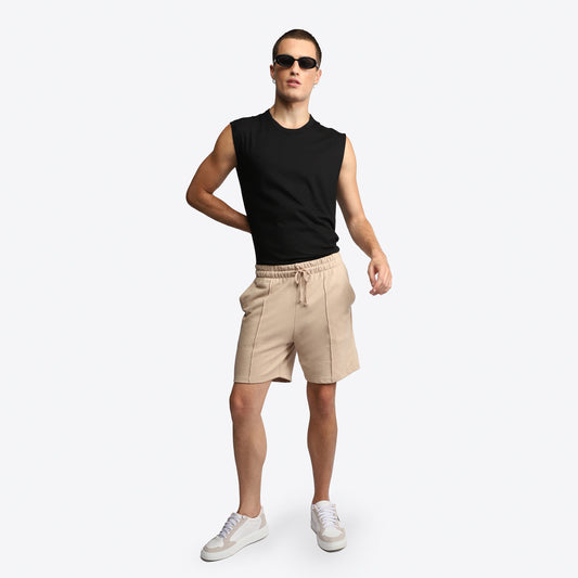 Bermuda Moletom Desfibrado Friso Masculina - Bege Camel