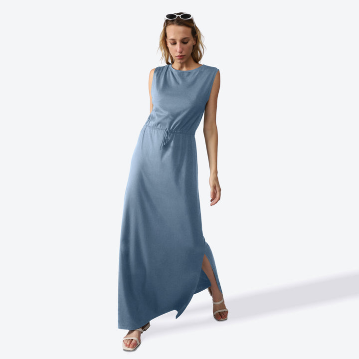 Vestido Longo Algodão Premium Feminino - Azul Mineral