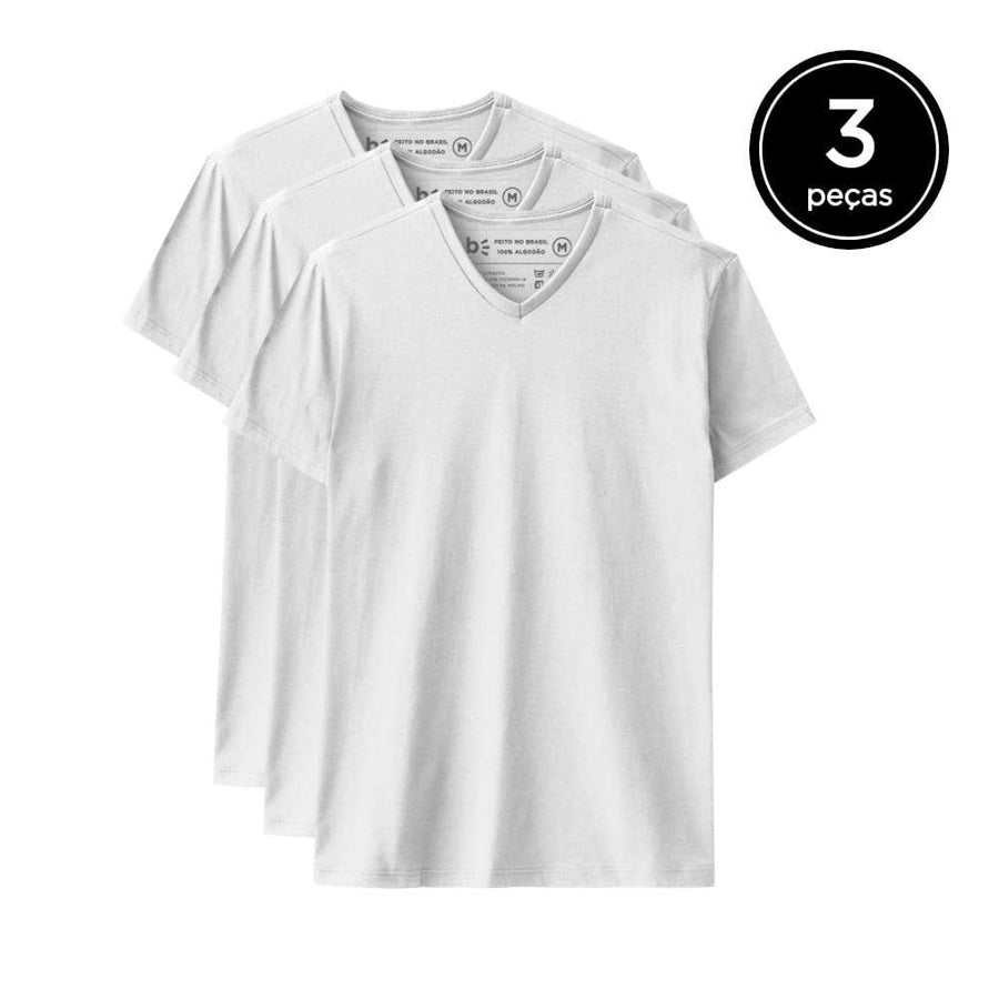 Kit 3 Camisetas Gola V Masculina - Branco