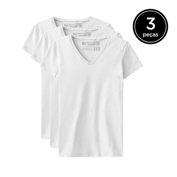 Kit 3 Camisetas Babylook Gola V Feminina - Branco
