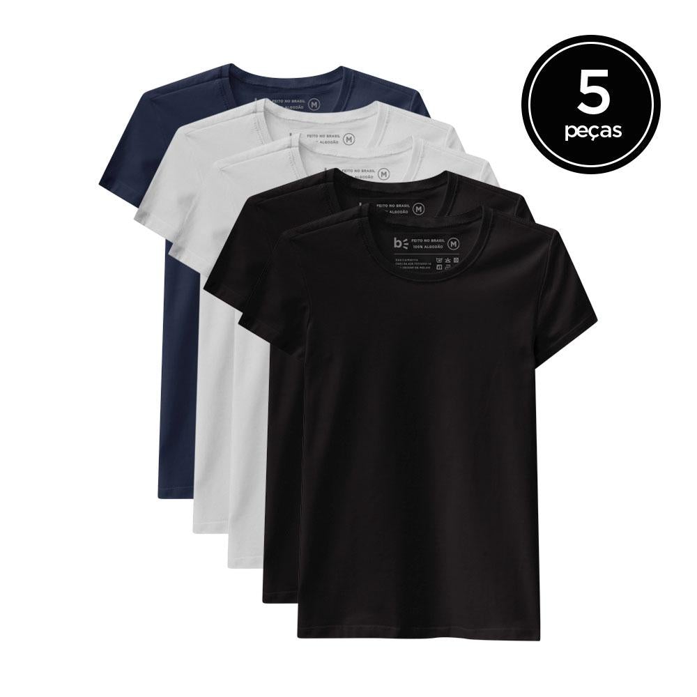 Kit 5 Camisetas Babylook Gola C Feminina - Branco Branco Preto Preto Azul Marinho