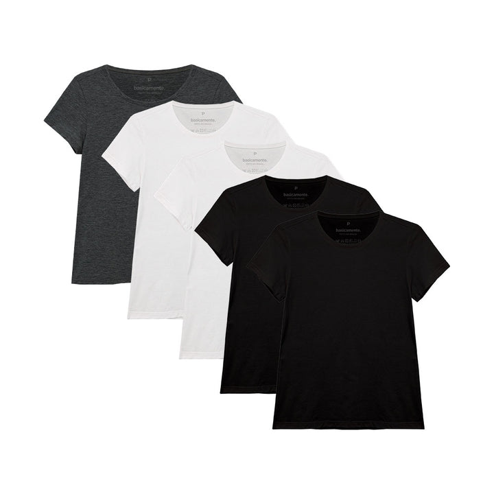Kit 5 Camisetas Babylook Gola C Feminina - Branco Branco Preto Preto Mescla Escuro